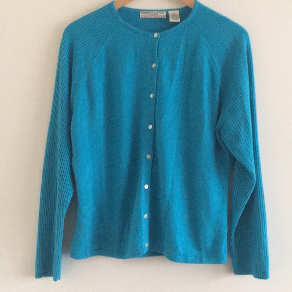 Turquoise cardigan with shell buttons
